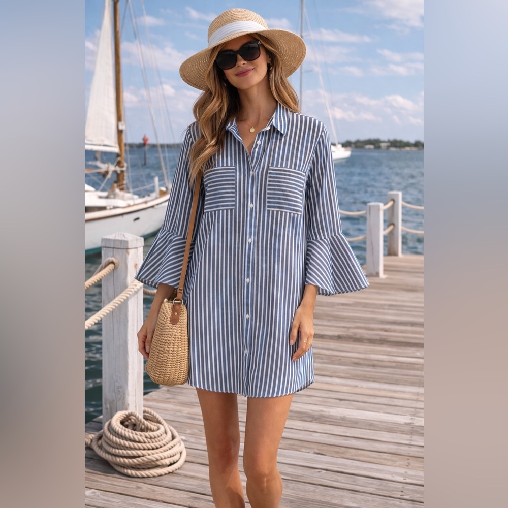 Cotton Stripe Tunic Shirt Dress S Blue White Bell Sleeve Cover Up Resort Coastal
